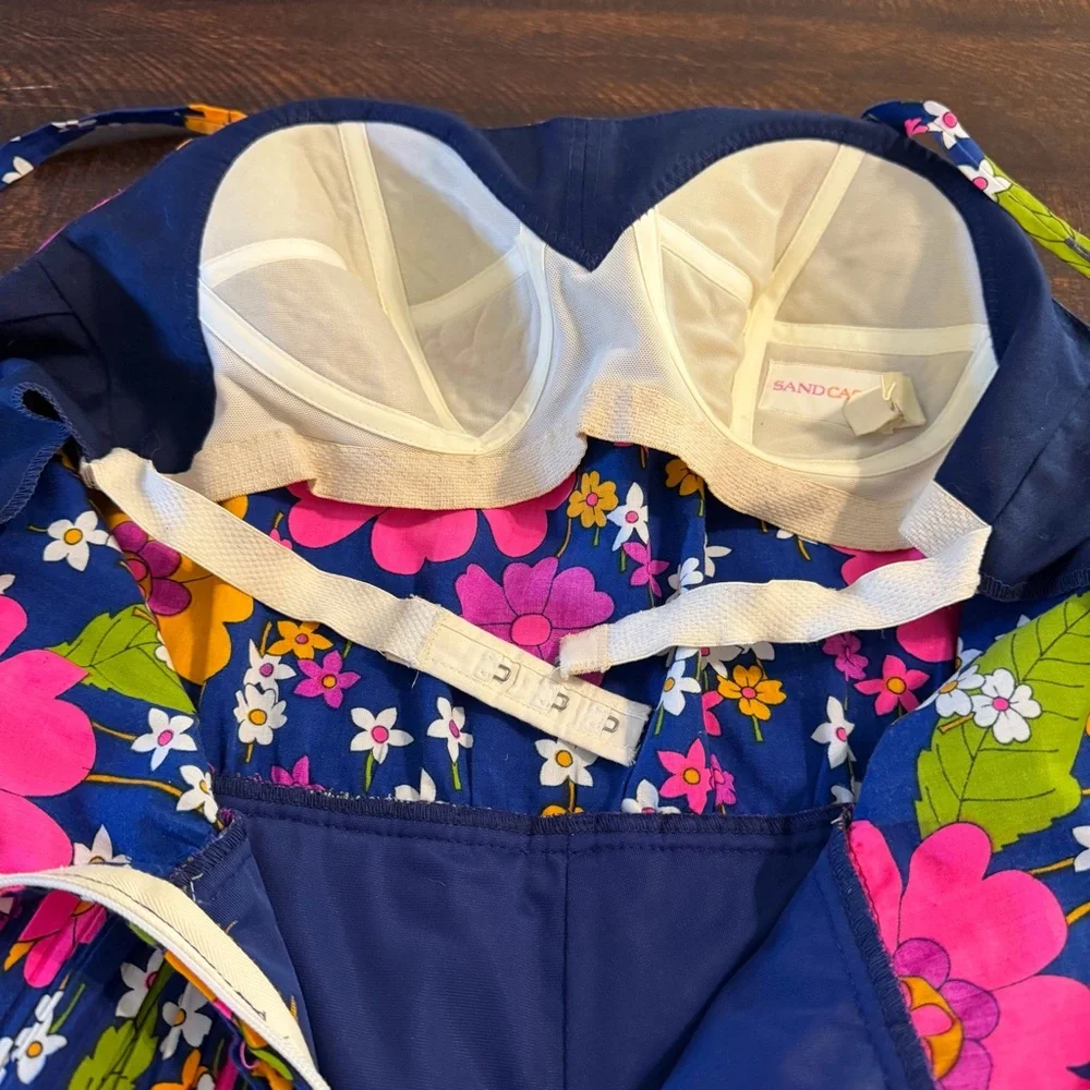 Sandcastle Vintage Floral Pleated Swim Dress Navy Pink Size 10 Retro Mod - Picture 13 of 16